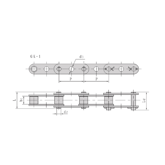 Lanțuri transportoare cu pas dublu cu orificii centrale